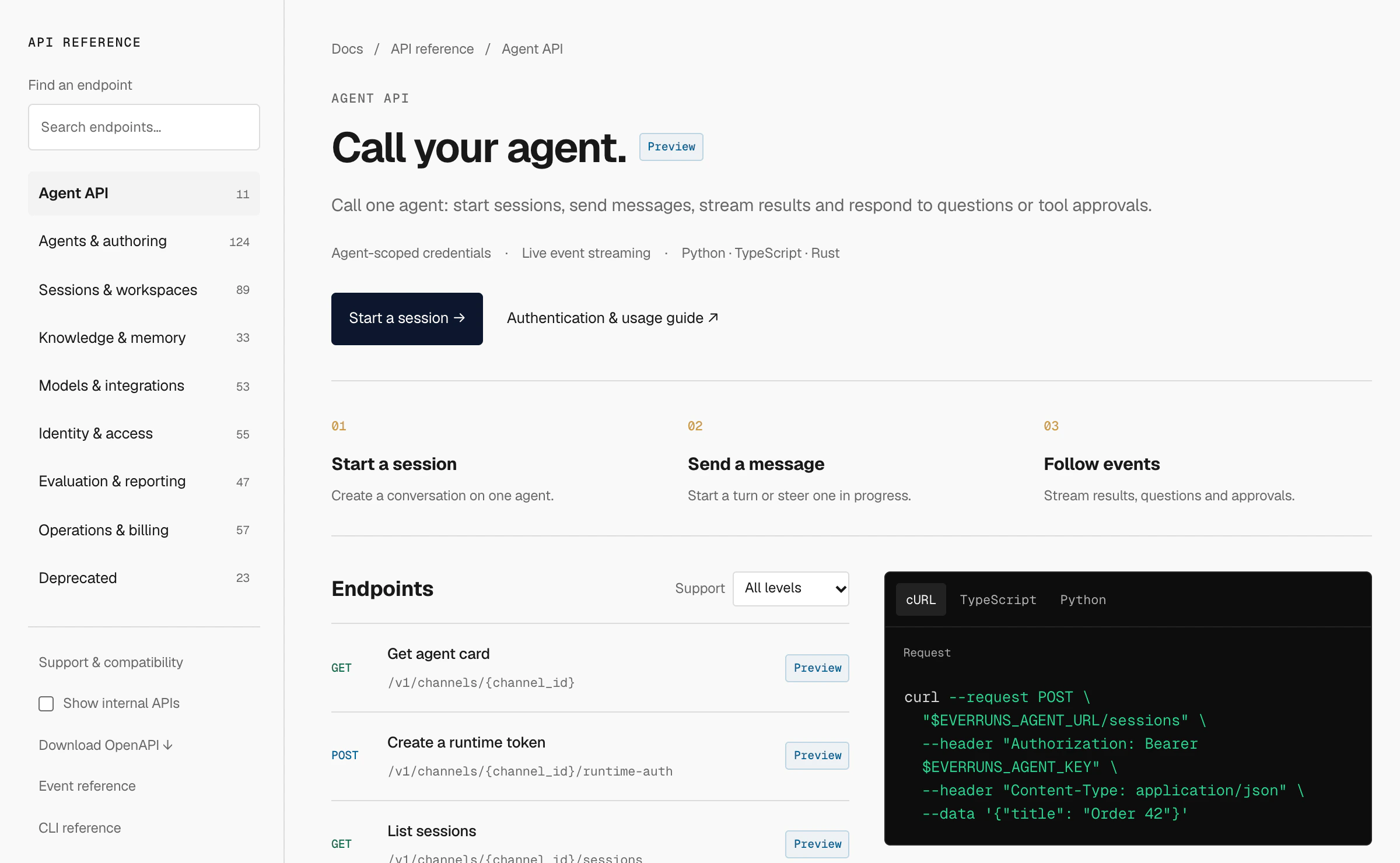 API reference with Agent API first and grouped endpoints
