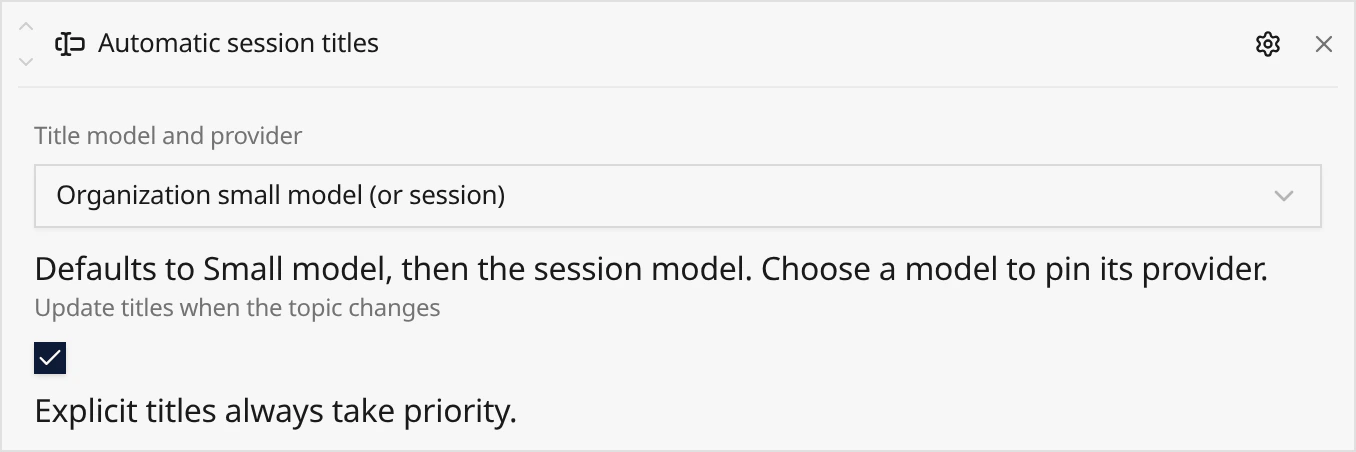 Automatic session titles settings with model selection and topic-based retitling