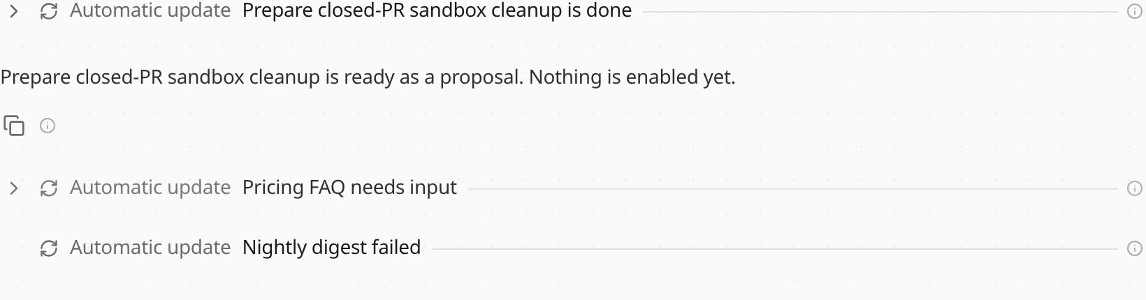 Folded thread reports in Chat, with the coordinator reply under the first line