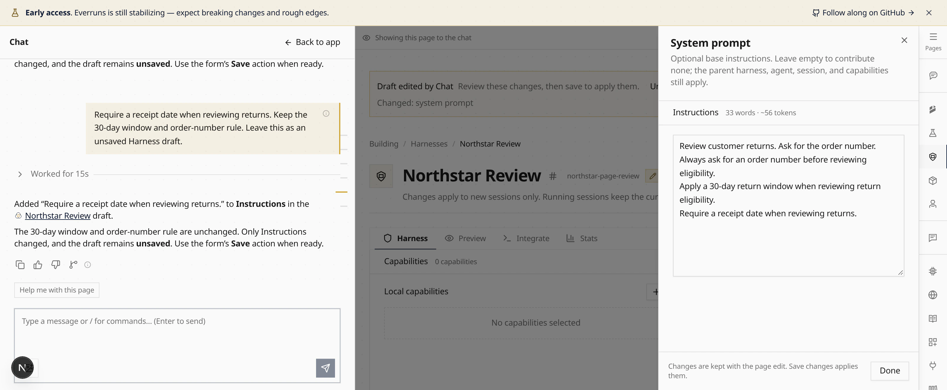 Chat stages Harness instructions beside the open page
