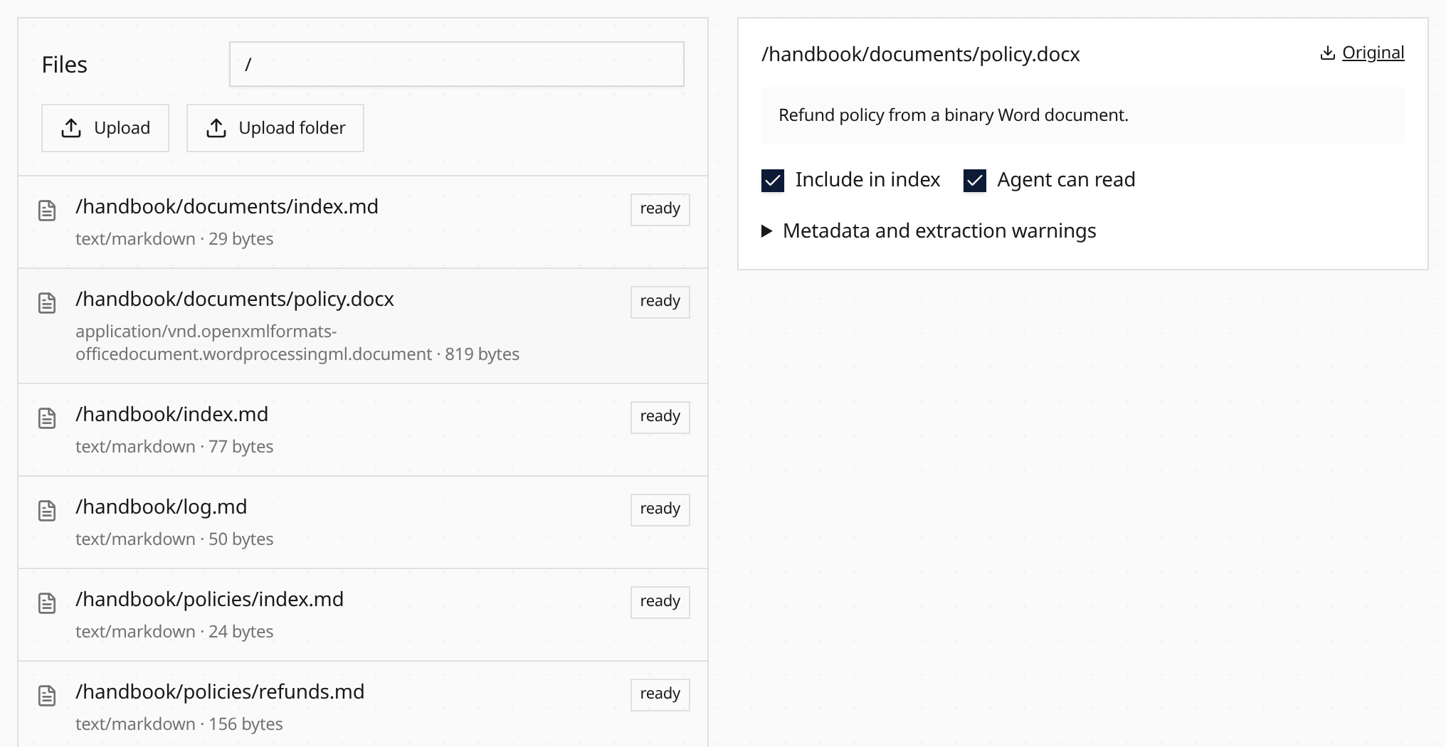 Knowledge file catalog with a binary DOCX text preview and per-file access controls