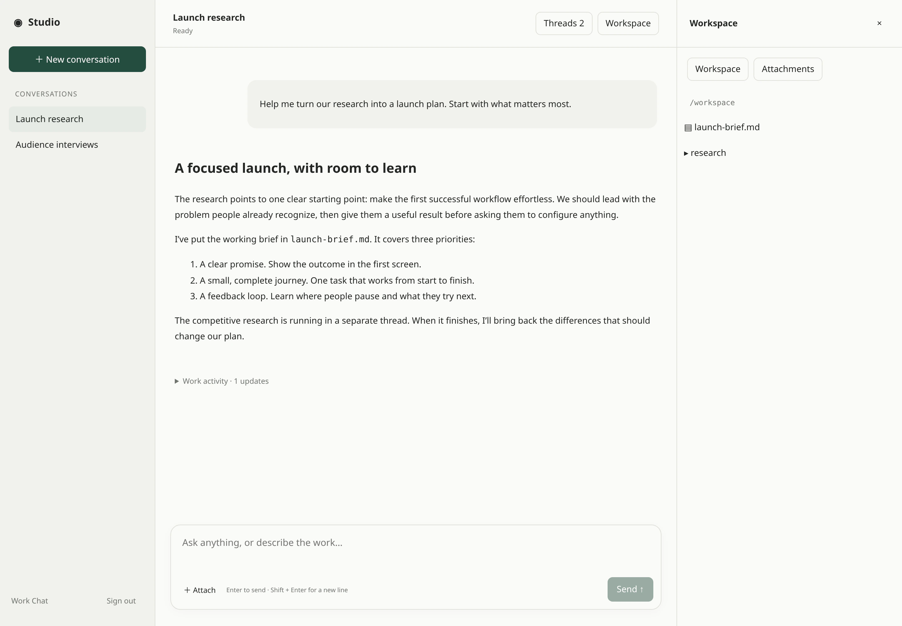 Work Chat with multiple conversations and a workspace panel