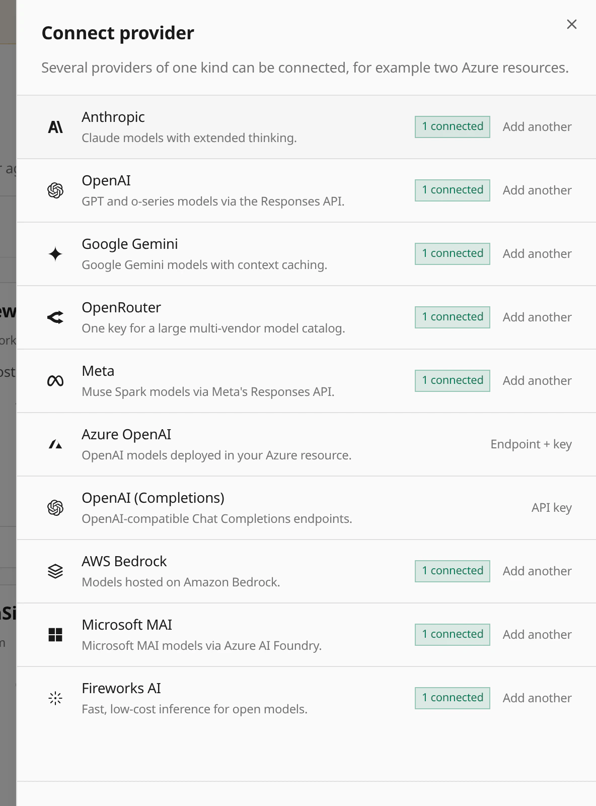The Connect provider list with API providers available and no ChatGPT Plan sign-in