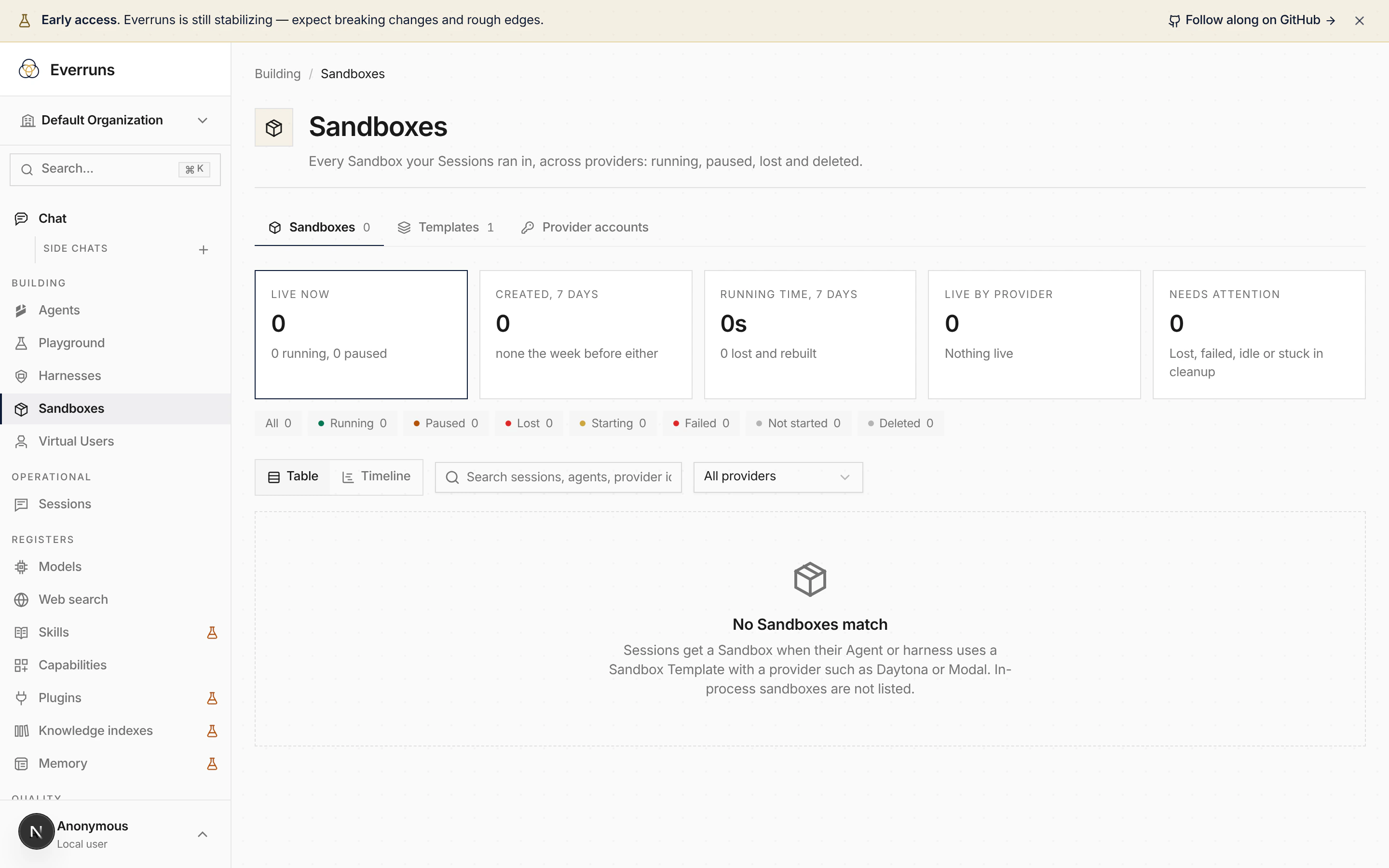 Sandboxes page with Sandboxes, Templates and Provider accounts tabs