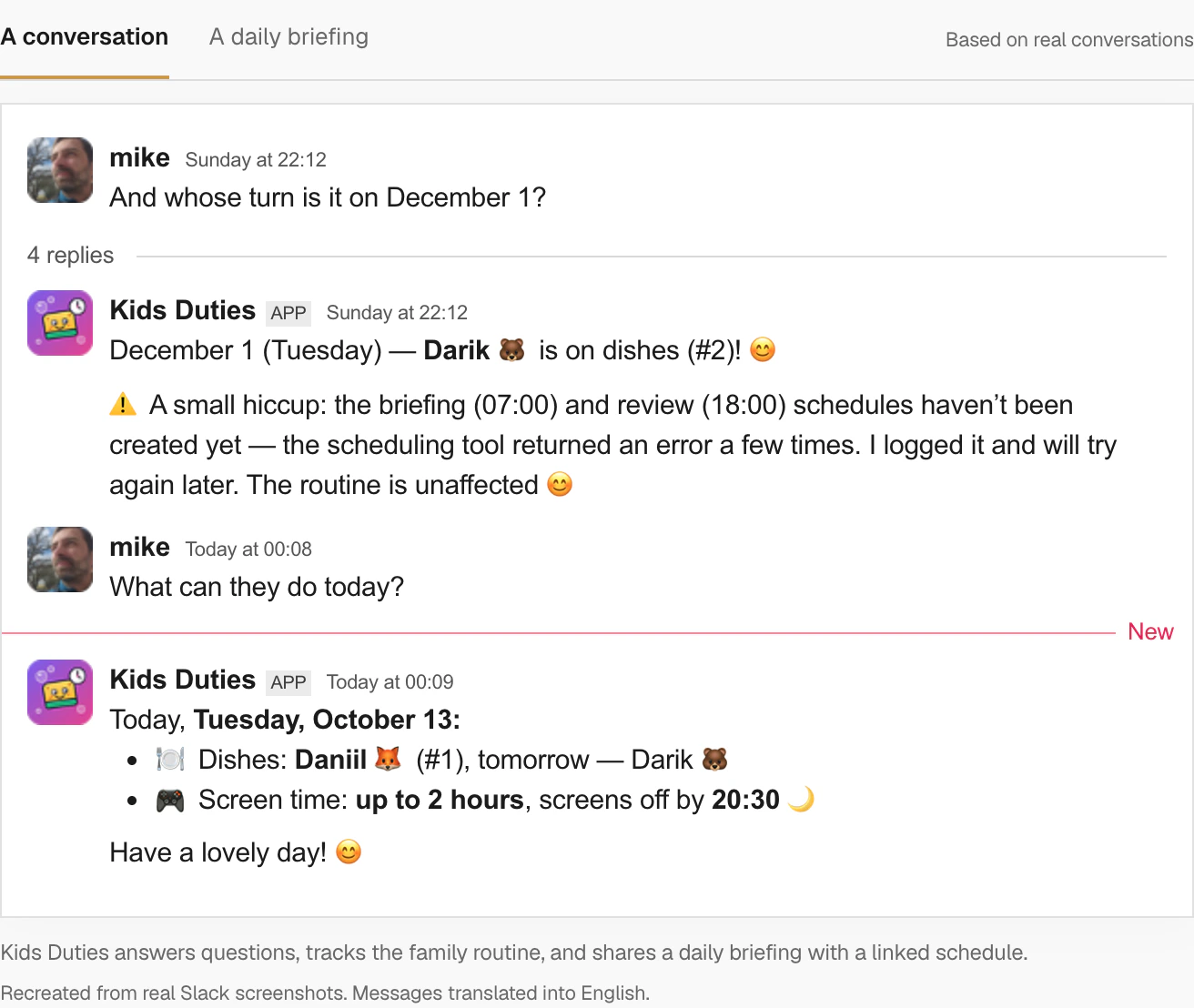English Kids Duties conversation example and daily briefing tab on the Slack integration overview