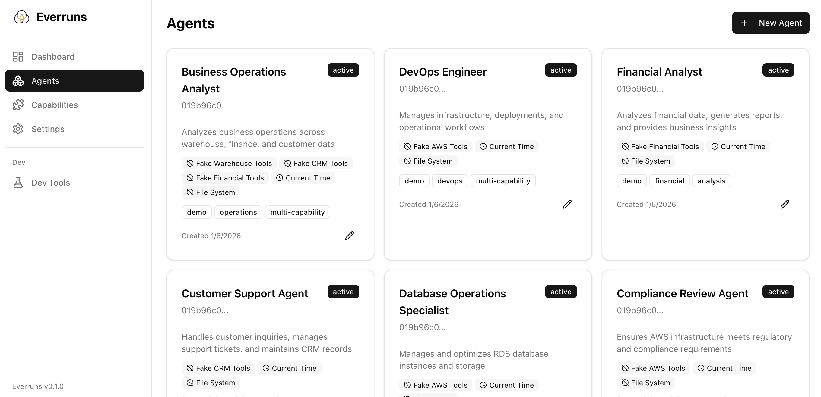 Agents page showing card grid layout