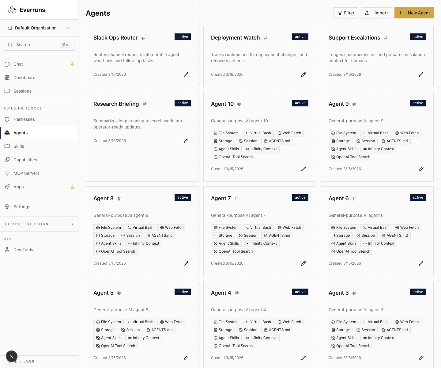 Everruns agents screen with demo agents
